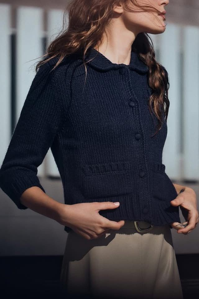 Zara Navy Blue Knit Cardigan (Category: Coats, Jackets and Outerwear) located in Taguig. Submitted by ksooos (Listing ID 1403076035, Image 1). Description: - Navy blue knit cardigan - Round collar - Button-down closure - Three-quarter sleeves - Two decorative pockets rfs: not my style.