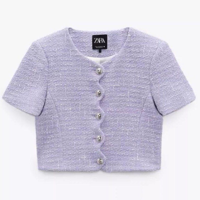 ZARA Tweed Crop Purple Blazer (Category: Blouses) located in Makati City. Submitted by lovesomeph (Listing ID 1403136977, Image 1). Description: Bought this for around 4k. Like new, used once only. Can send more actual pics. Rfs wrong size .