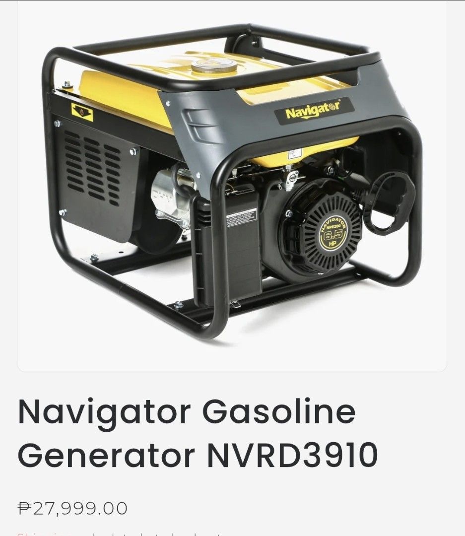 Navigator Gasoline Generator NVRD3910 (Category: Everything Else Others) located in Caloocan City. Submitted by celonessentials (Listing ID 1407194637, Image 3). Description: Brand NEW! Bought for P32K (with receipt) This Navigator Gasoline Generator features a strong 6.5HP engine and a 25L tough steel fuel tank. 3500 surge watts 3100 max watts 2800 rated watts USA standard 100% copper 25L tough steel fuel tank Up to 10hrs run time at 50% load WA