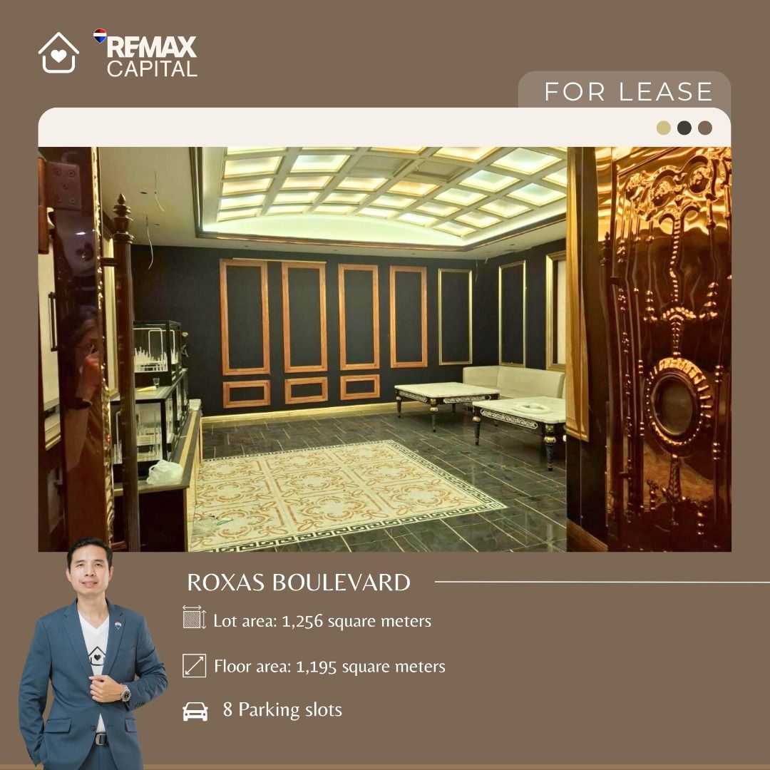Roxas Boulevard Commercial Lot for Lease! (Category: Commercial) located in Quezon City. Submitted by daphne.yu_favoritebroker (Listing ID 1384061492, Image 1). Description: Roxas Boulevard Commercial Lot for Lease! - Ideal for restaurant or Showroom Lot area: 1,256 square meters Floor area: 1,195 square meters (main front structure) 2nd and 3rd smaller structure: 117 square meters Frontage: 24.6 meters 8 Parking slots Lease Rate: Php350k/month p