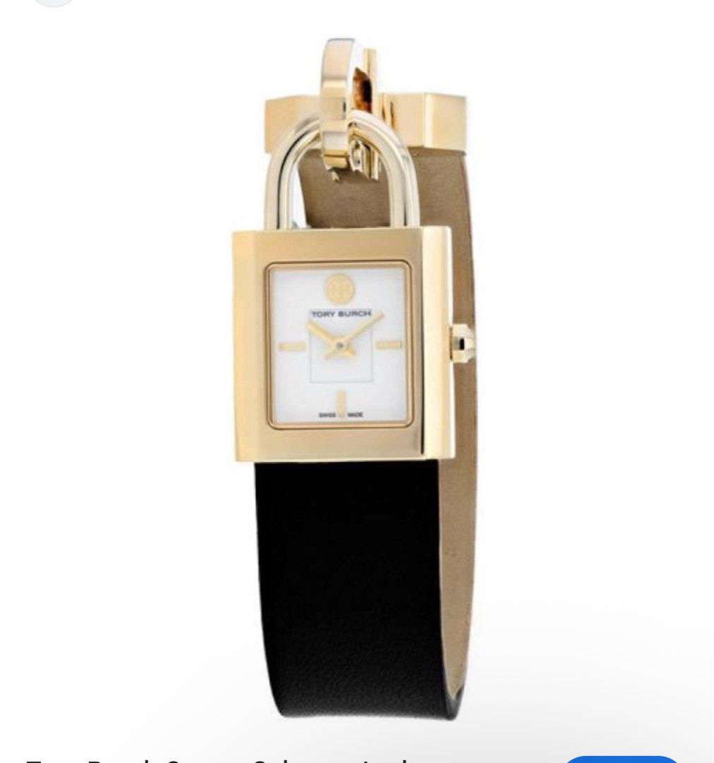 Looking for 😊 Tory Burch Surrey watch (Category: Looking For) located in Angeles City. Submitted by aaaacoreenaaaa (Listing ID 1407364947, Image 1). Description: - Tory Burch watch - Unique padlock design - Gold-tone case - White dial with gold hands - Black leather strap (front), tan leather strap (back) - Swiss made.