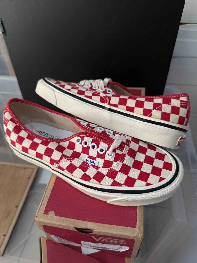 Vans Authentic Checkerboard Sneakers (Category: Sneakers) located in Muntinlupa City. Submitted by shopbusallacloset (Listing ID 1407316218, Image 2). Description: - Vans Authentic sneakers - Red and white checkerboard design - White midsole with black stripe - White laces - Unworn condition - Comes with original Vans box.
