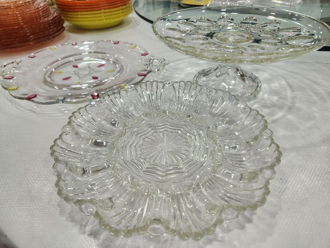 Vintage Glass Serving Dishes (Category: Dinnerware & Cutlery) located in San Juan City. Submitted by iamryn (Listing ID 1407269319, Image 2). Description: Can only be sold as a set 1. Floral glass serving platter (10") 2. Color dotted glass serving platter (13") 3. Elevated glass cake or serving stand (9.5" diameter, 4" height) .
