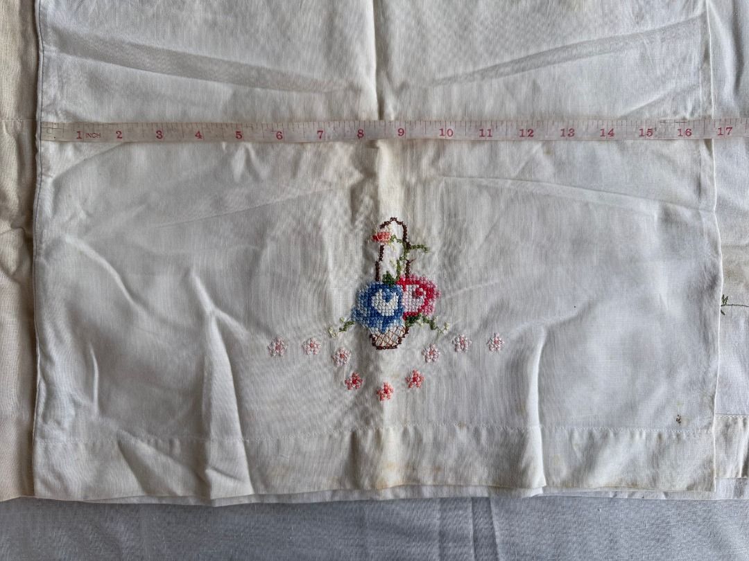 3PCS Vintage Embroidered Floral Cloth (Category: Luxury Apparel) located in Balanga. Submitted by manitidiana (Listing ID 1408929865, Image 3). Description: - Vintage cloth with delicate floral embroidery. - Design: Basket of flowers in blue, red, and green, with scattered pink flowers. - Fabric: Light, possibly sheer. - Shape: Rectangular..