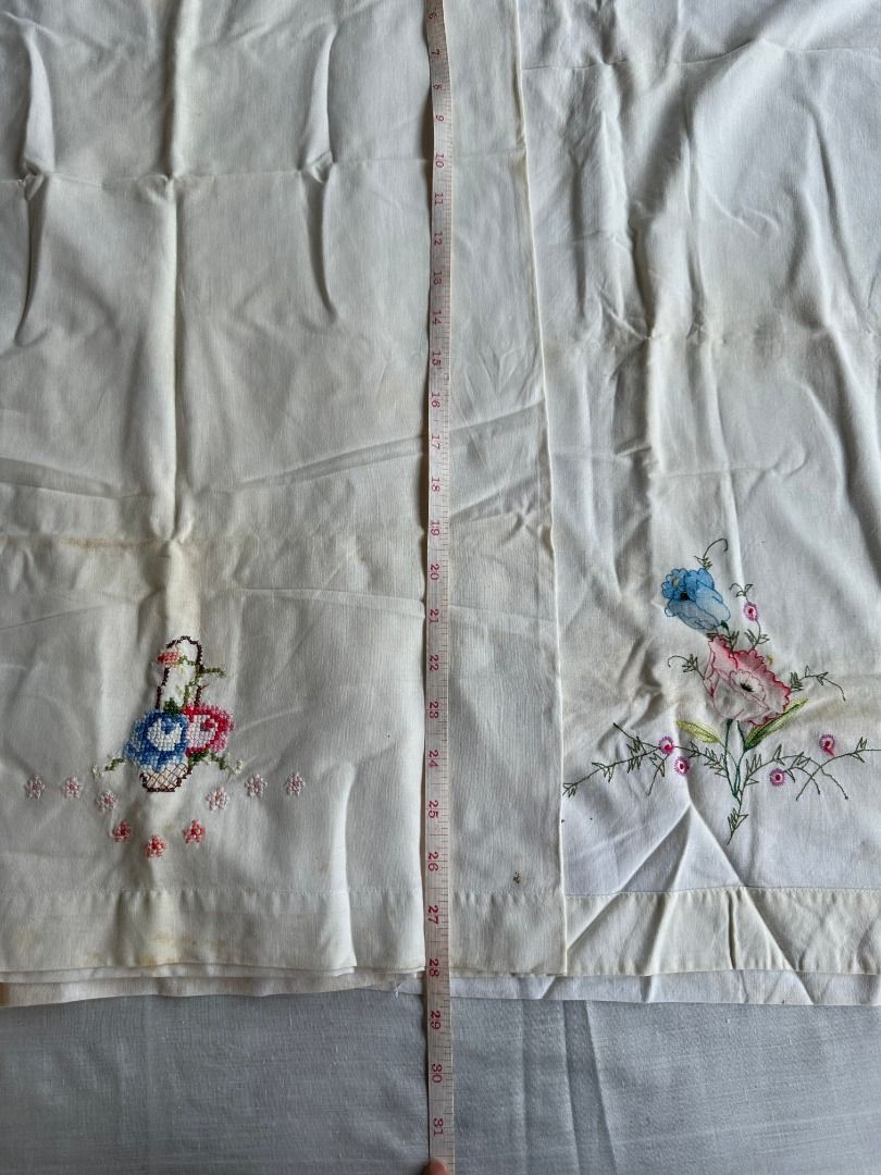 3PCS Vintage Embroidered Floral Cloth (Category: Luxury Apparel) located in Balanga. Submitted by manitidiana (Listing ID 1408929865, Image 2). Description: - Vintage cloth with delicate floral embroidery. - Design: Basket of flowers in blue, red, and green, with scattered pink flowers. - Fabric: Light, possibly sheer. - Shape: Rectangular..