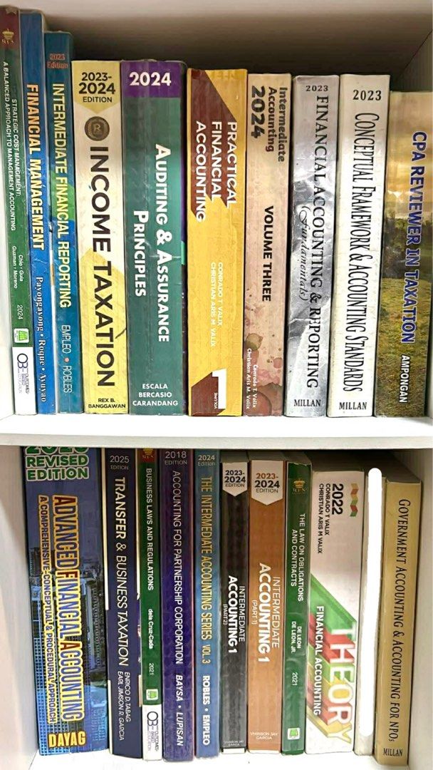 Accounting Books - also selling it indiv (Category: Textbooks) located in Quezon City. Submitted by aayxxc (Listing ID 1409058959, Image 1). Description: I’M ALSO SELLING IT INDIVIDUALLY !! :) - Collection of accounting textbooks - Includes titles: Financial Accounting, Taxation, Auditing, Intermediate Accounting - Editions from 2018 to 2025 - Titles include: Financial Management, Intermediate Financial Reporting, Income Taxation, Auditing & Assu
