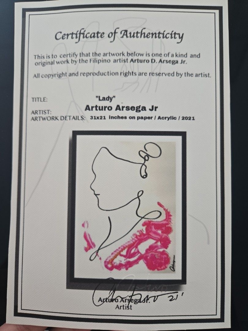 Arturo Arsega Jr. "Lady" Artwork (Category: Art & Prints) located in Makati City. Submitted by elle.atari (Listing ID 1408948606, Image 1). Description: arturo arsega jr paints "lady" in acrylic in 2021 comes with frame.
