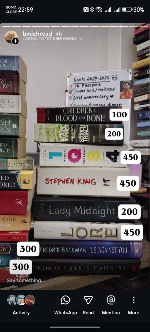 Thick books for sale (Category: Storybooks) located in Quezon City. Submitted by gilgamich (Listing ID 1408996181, Image 2). Description: 📚📚 Thick Books for sale!! 🌻 Children of Blood and Bone (SOLD) - 100php 🌻 Maze Runner + Scorch Trials (2 in 1 book) - 200php 📚 1Q84 (SOLD) - 450php 🌻 IT (Stephen King) - 450php (SOLD) 🌻 Lady Midnight (Cassandra Clare) - 200php 📚 Lore - 450php (SOLD) 🌻 Us Against You (Fredrik Backman) - 300php 🌻 Hanniba