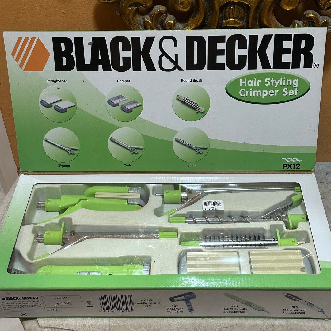 Black & Decker Hair Styling Crimper Set (Category: Hair) located in Dasmarinas. Submitted by beadancel (Listing ID 1409044176, Image 1). Description: • Black & Decker Hair Styling Crimper Set • Bought more than 15 years ago at Handyman, hence the vintage look • Still working but with obvious signs of usage • Includes attachments for straightening, crimping, curling, and more • Features multiple styling options RFS: Decluttering.