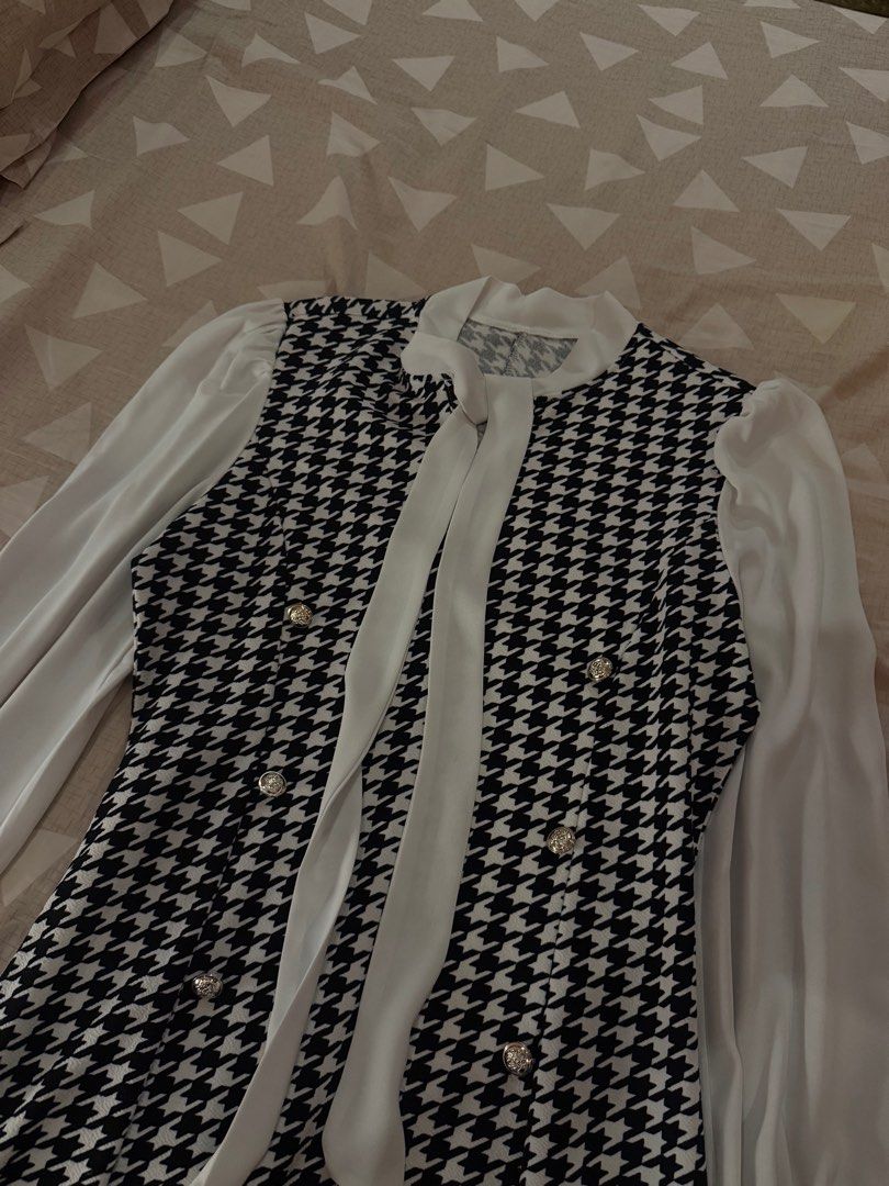 Elegant Long Sleeve Dress (Category: Dresses) located in Las Pinas. Submitted by yncxz (Listing ID 1408998563, Image 1). Description: °˖ ʚ ·˚₊ Tall Houndstooth Panel Tie Neck Flounce Sleeve Dress size: m-xl — so elegant — used twice.