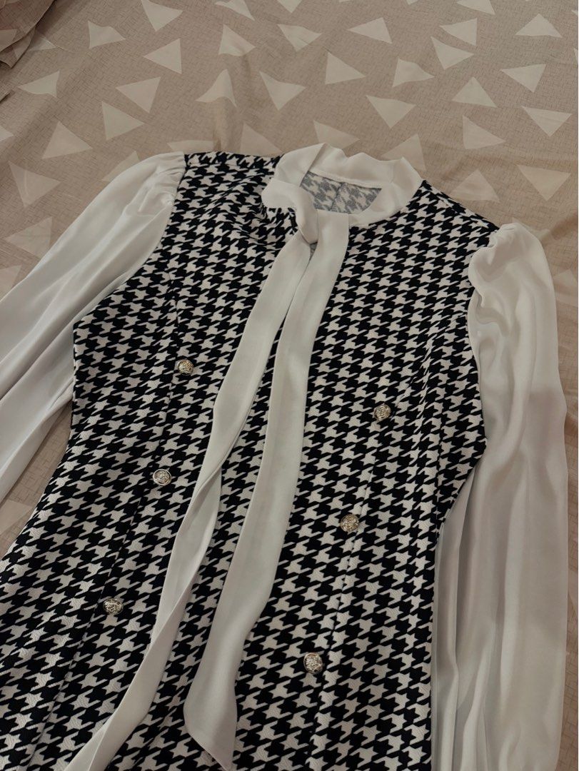 Elegant Long Sleeve Dress (Category: Dresses) located in Las Pinas. Submitted by yncxz (Listing ID 1408998563, Image 2). Description: °˖ ʚ ·˚₊ Tall Houndstooth Panel Tie Neck Flounce Sleeve Dress size: m-xl — so elegant — used twice.