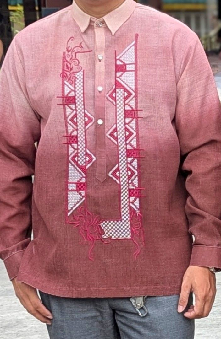 Embroidered Barong - Mono Jusi - Maroon (Category: Formal Shirts) located in Bulacan. Submitted by juls.dmng (Listing ID 1408908246, Image 1). Description: - Intricate embroidery detail - Gradient maroon color (light to dark) - Long sleeves and button-down style - Suitable for formal occasions - Made of breathable fabric.