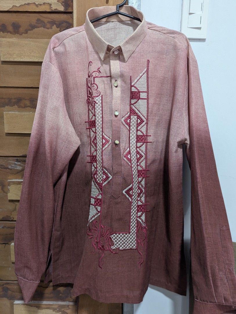 Embroidered Barong - Mono Jusi - Maroon (Category: Formal Shirts) located in Bulacan. Submitted by juls.dmng (Listing ID 1408908246, Image 2). Description: - Intricate embroidery detail - Gradient maroon color (light to dark) - Long sleeves and button-down style - Suitable for formal occasions - Made of breathable fabric.