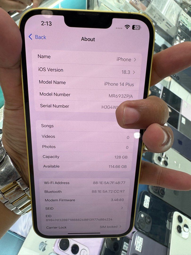 iPhone 14+ 128gb (SMART-LOCKED) (Category: iPhone 14 Series) located in San Juan City. Submitted by wainefreygadgetshop (Listing ID 1408940865, Image 2). Description: iPhone 14+ 128gb (SMART-LOCKED) (SEARCH NYO NALANG FULL SPECS) ALL GOODS AT WORKING NO REPAIR HISTORY NO HIDDEN ISSUE MAY TRUE TONE MAY FACE I.D 88% BATTERY HEALTH *MAY MGA SCRATCHES LANG PO DI NAMAN NAKAKA APEKTO SA PERFORMANCE NORMAL NA YAN SA 2NDHAND , WITH CHARGER ,FREE CASE AT 