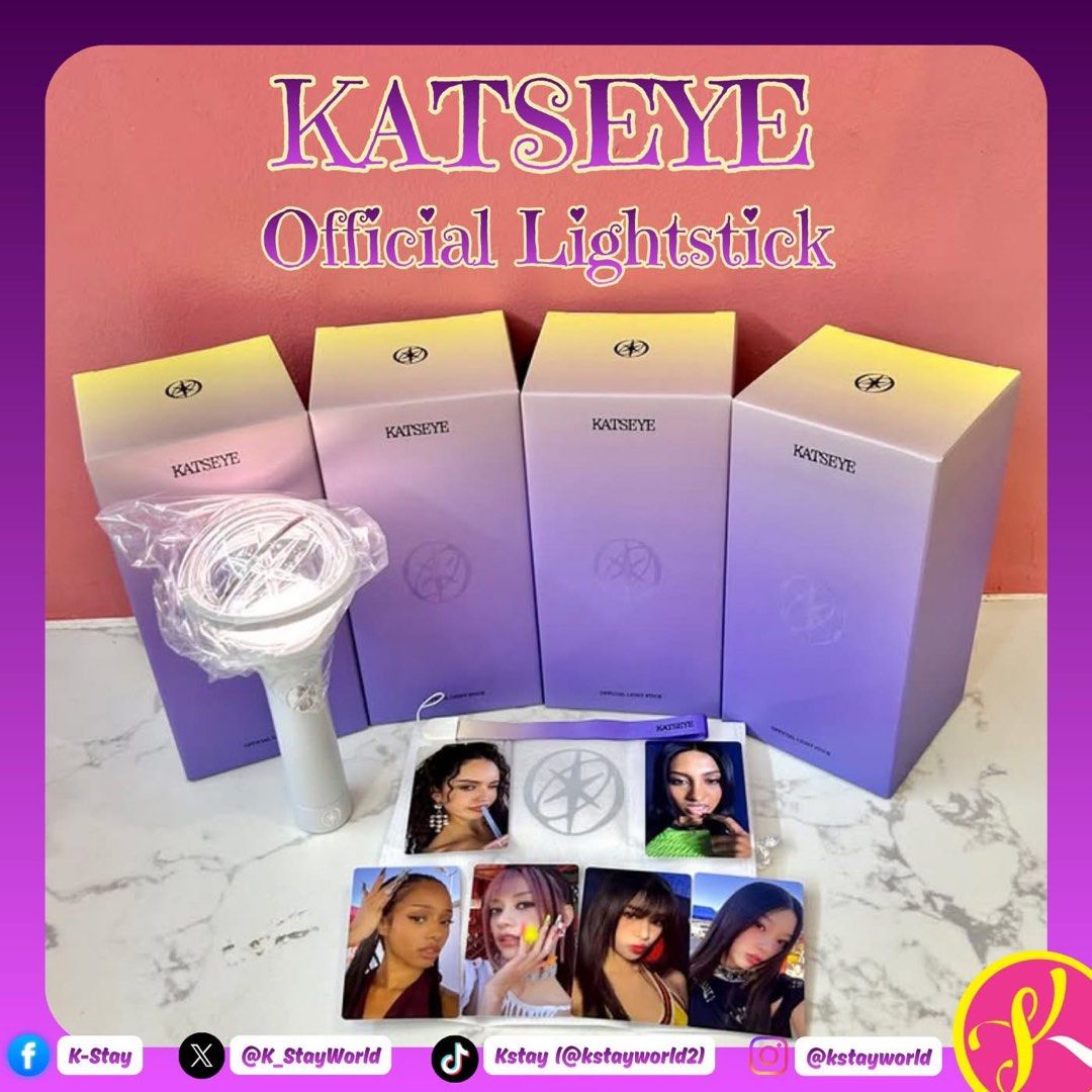 KATSEYE Official Lightstick (Category: Lighting) located in Manila. Submitted by kstaybinna11898 (Listing ID 1408974356, Image 1). Description: - Official KATSEYE lightstick - Includes lightstick, packaging, and photocards - Brand new, in original packaging - Features the KATSEYE logo on the box - Unique white lightstick design - Perfect for KATSEYE fans!.