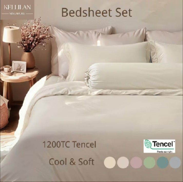 Kellilan 1200TC Tencel Bedsheet Set - Cool & Soft (Category: Bedding & Towels) located in Singapore. Submitted by freefalcon-801c (Listing ID 1408995080, Image 1). Description: Luxurious Kellilan 1200TC Tencel bedsheet set. Available in multiple colours: Blush Rose, Muted Blush, Foggy Blue, Sage Green, Slate Grey, and Champagne Gold. Made from Tencel for a cool and soft feel. Perfect for a comfortable night's sleep. https://shpe.ee/2g3zGI9PjZ.