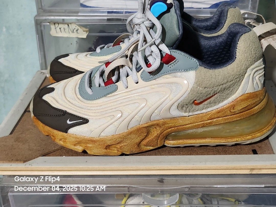 Nike x Travis Scott Air Max 270 React "Cactus Trails" (Category: Sneakers) located in Las Pinas. Submitted by luciprens (Listing ID 1408896573, Image 2). Description: Nike x Travis Scott Air Max 270 React "Cactus Trails" Without box Size:8wmns/6.5mens Condition:8/10 Price:300 for pick up only Location: Las Piñas City.
