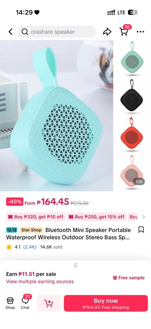 Orashare Bluetooth Mini Speaker Portable (Category: Soundbars, Speakers & Amplifiers) located in Santa Rosa. Submitted by glecymae (Listing ID 1408942673, Image 3). Description: Orashare Bluetooth mini speaker is portable and waterproof. It features a stereo bass speaker and comes in multiple colors. It has a built-in handle for easy carrying. The speaker is on sale with a discount from ₱275.00 to ₱164.45..