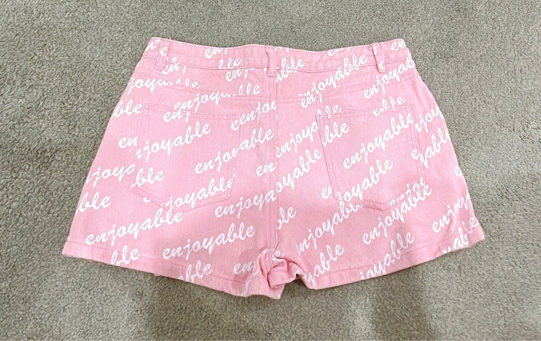 Printed Denim ‘Enjoyable’ Pink Skorts Barbie vibe size AU8/10 (Category: Women's Clothes) located in Miranda. Submitted by abbie.corner (Listing ID 1408905934, Image 2). Description: Marked as size xl but just similar to AU8/10 Measurement: Waist 73, Hips 103, Length 31 cm Used, in good condition #pinkskorts #barbie #vibe #style #korean.