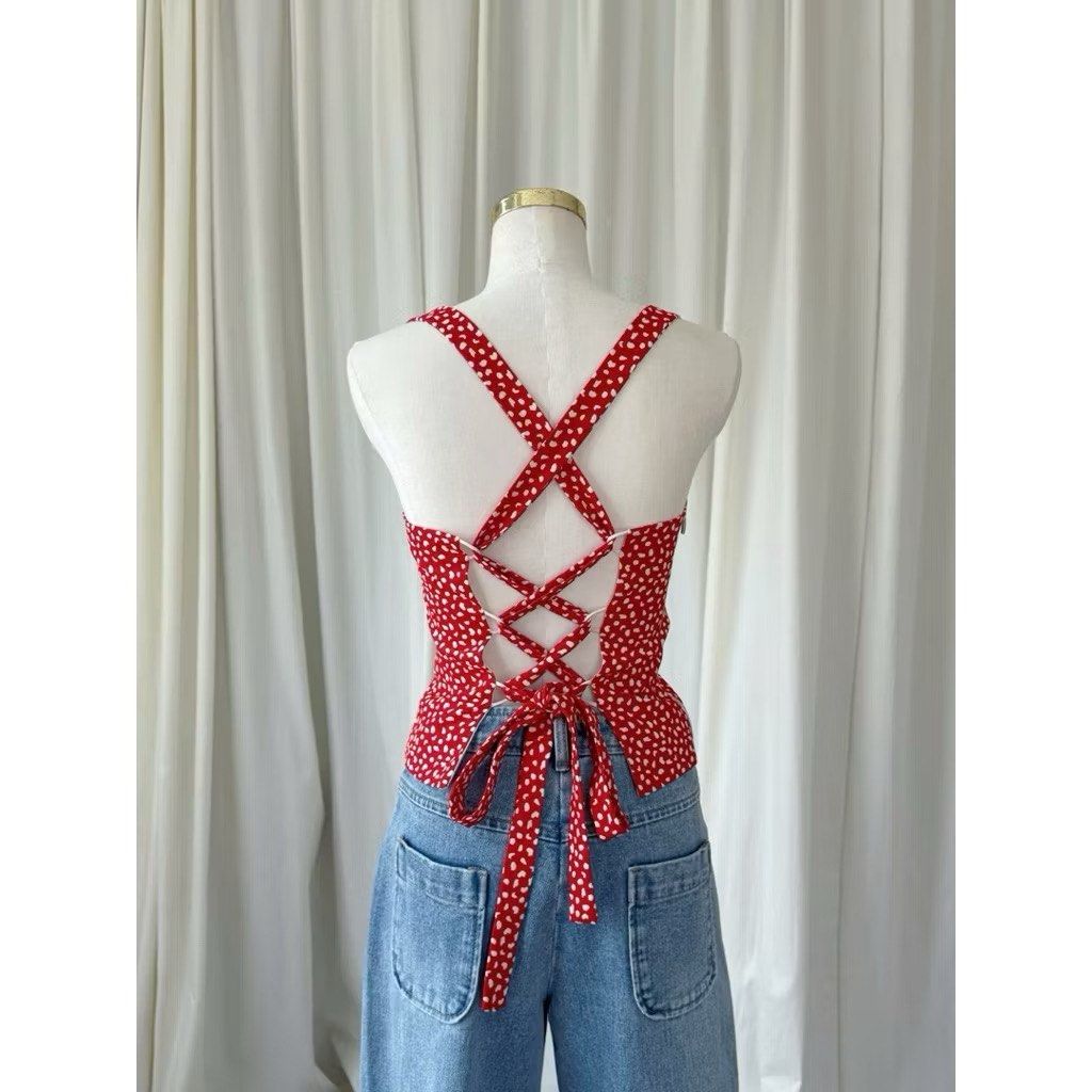 Red Top (Category: Others Tops) located in San Fernando. Submitted by itsmeje (Listing ID 1409005482, Image 2). Description: - Sweetheart neckline - Delicate pattern - Adjustable straps - Lace-up back - Fitted silhouette - Lightweight fabric Perfect for Birthday and Christmas .