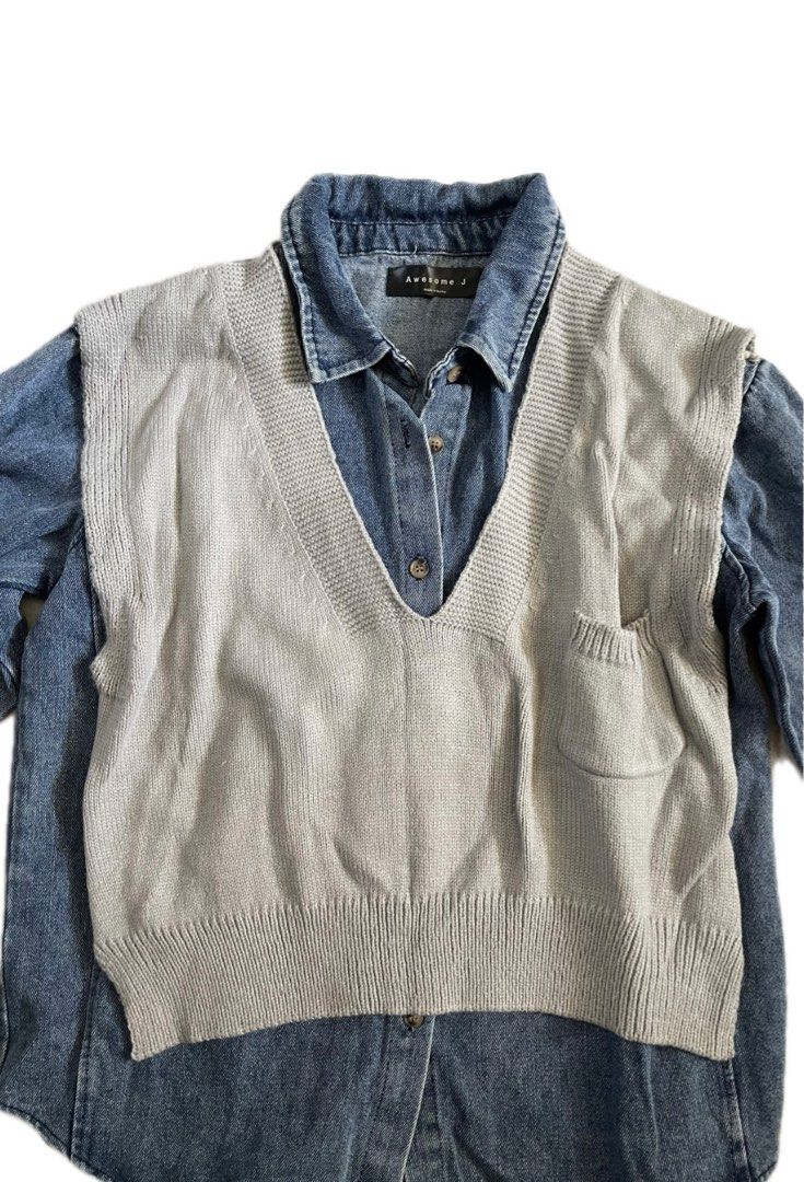 Stylish knit vest layered over denim button down shirt (Category: Coats, Jackets and Outerwear) located in Makati City. Submitted by clutterofshanelle (Listing ID 1408990462, Image 2). Description: Very stylish and korean! Can fit s-m.