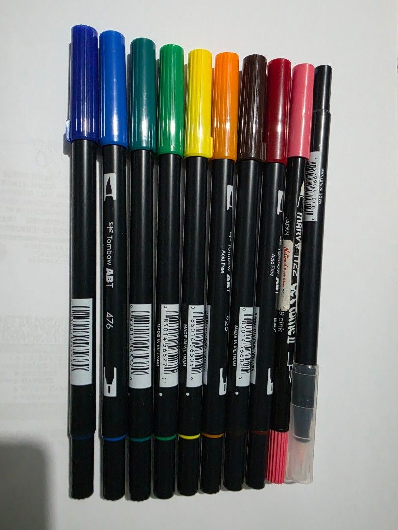 Tombow ABT Dual Brush Pens (Category: Stationery & School Supplies) located in Bacolod City. Submitted by sugar_declutters (Listing ID 1408914155, Image 1). Description: Tombow ABT dual brush pens at P30 each, slightly used + 1 freebie (Marvy dual tip brush pen) RFS: no time for hobbies 🥲.