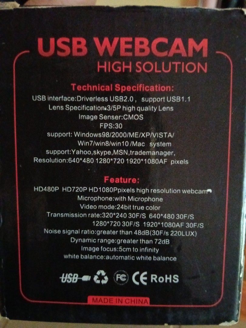 USB Webcam High Solution with Freebies (Category: Webcams) located in Roxas City. Submitted by sorabella (Listing ID 1408953308, Image 3). Description: USB Webcam with high resolution. Features include HD480P, HD720P, and HD1080P resolution, a built-in microphone, and a 24bit true color video mode. Supports Windows and Mac systems. Includes free SD card readers. Perfect for online meetings, streaming, or video calls..