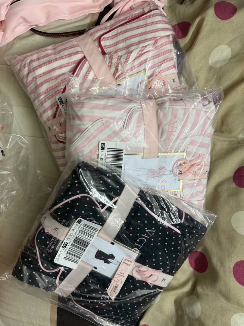 Victoria Secret Pajama (Category: Undergarments & Loungewear) located in Manila. Submitted by pamgy.manila (Listing ID 1408865229, Image 3). Description: XL sizes Nice for gifting. Bought the wrong size. 4k - modal (pink stripes, black dotted - both still sealed) 3.5k flannel (red stripes, already opened it to check the size).