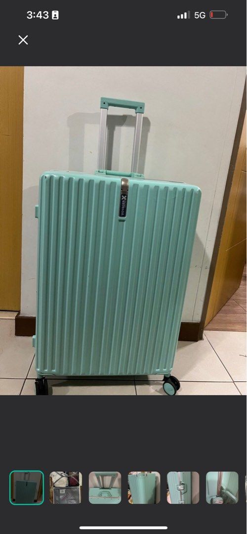 Voyager Luggage Mint Green (Category: Luggage) located in Makati City. Submitted by siaudreyto (Listing ID 1408959533, Image 1). Description: - Mint green Voyager X luggage - Retractable handle - Combination lock for security - Multiple compartments - Zippered compartment inside - Straps to secure belongings - Wheels for easy transport - Spacious and ideal for travel Rfs : not being used Issues: no keys. broken side handle(shown in photos).
