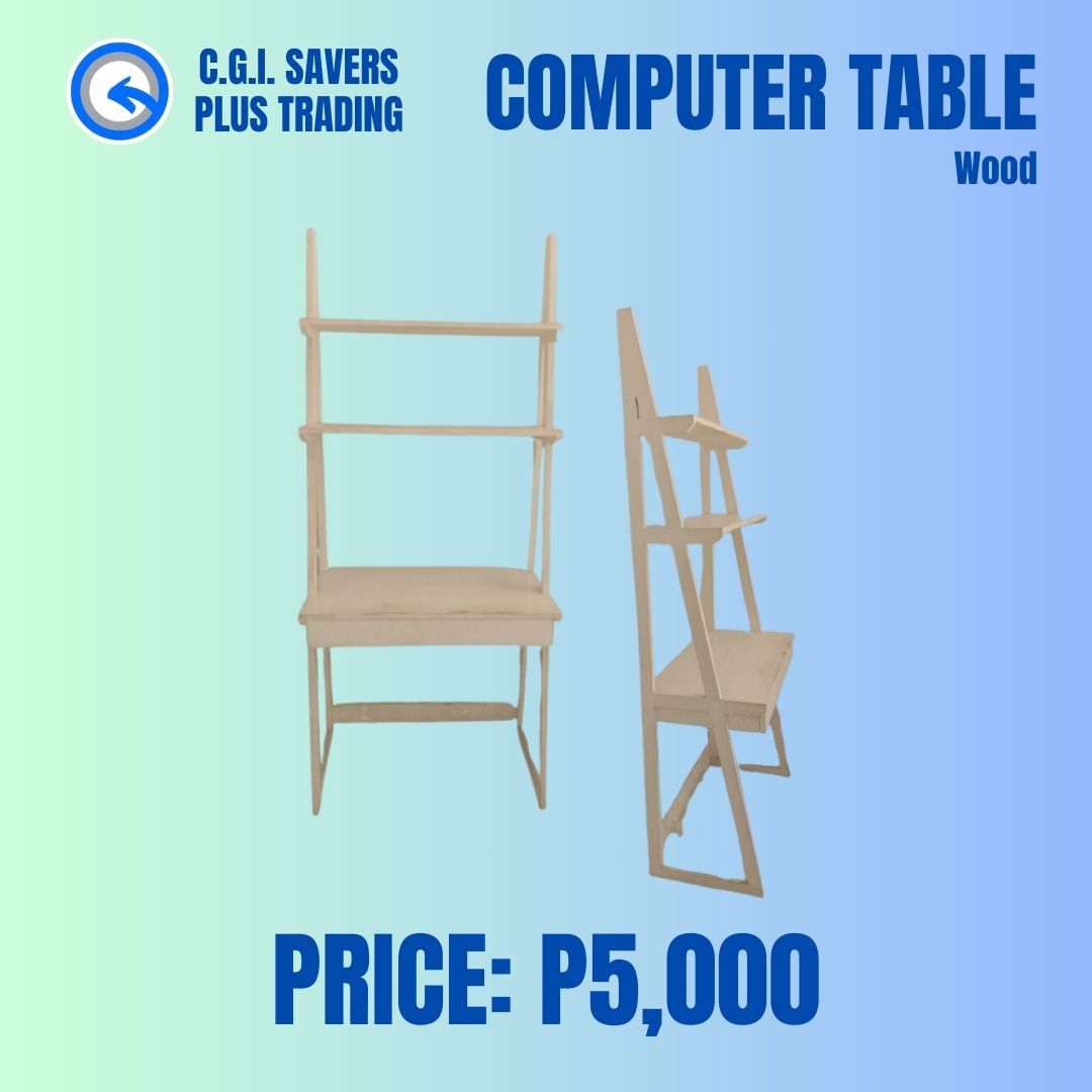 Wooden Computer Table (Category: Tables & Sets) located in San Pedro. Submitted by cgi.saversplustrading (Listing ID 1408928952, Image 1). Description: - White wooden computer table - Features desk area and shelves - Unique ladder-like design - Suitable for home or office use.