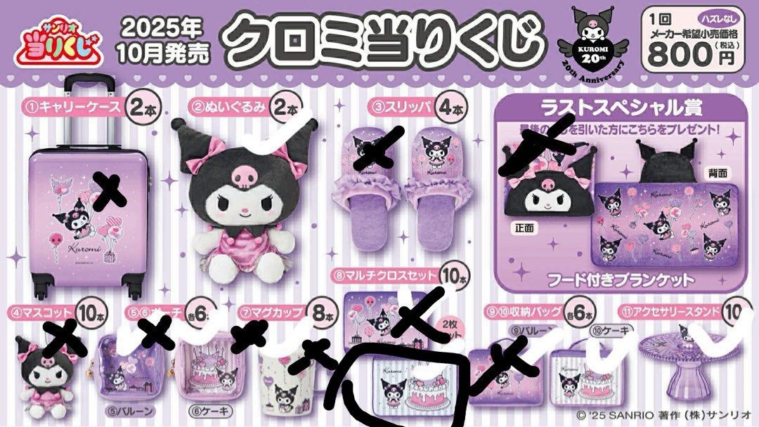 日本一番賞現貨 2 8 10 11 Kuromi Sanrio （分類：動漫角色周邊）位於 Hong Kong。 由 sakurayuki 提交（商品編號 1407388834，圖片 2）。簡介： 公仔100 收納袋50 紫灰款毛巾仔60 飾物架30。