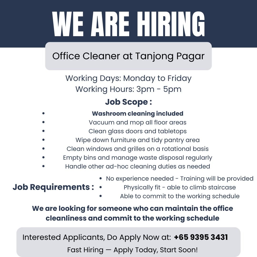 Afternoon Office Cleaner at Tanjong Pagar, Jobs, Cleaning on Carousell