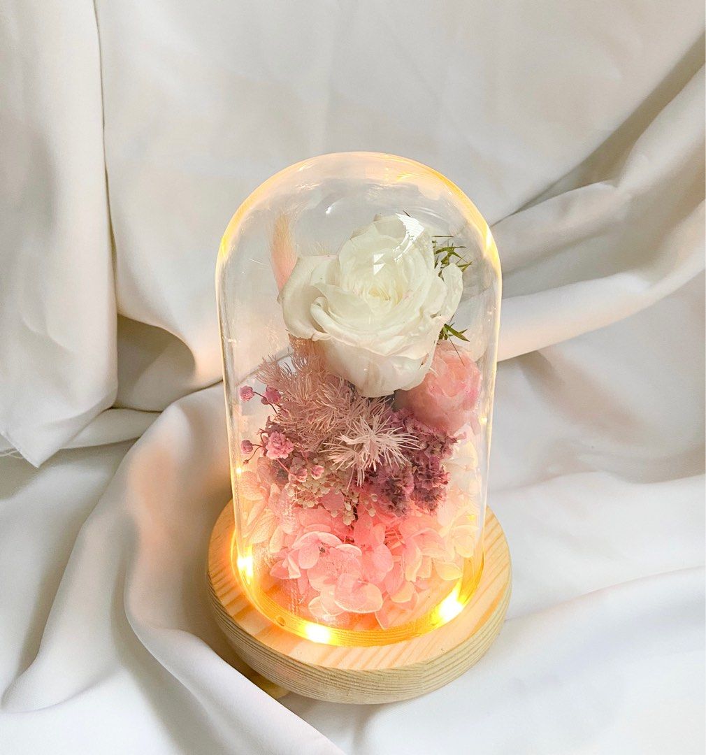 White rose glass dome | Everlasting rose dome with fairy lights ...