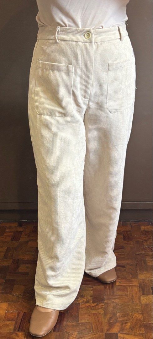 Beige Corduroy Wide Leg Pants (Category: Jeans) located in Manila. Submitted by frnrys (Listing ID 1409169423, Image 1). Description: Waist-hugging fit, very flattering. Button has been replaced. Only used twice. J&t or lalamove delivery c/o buyer..