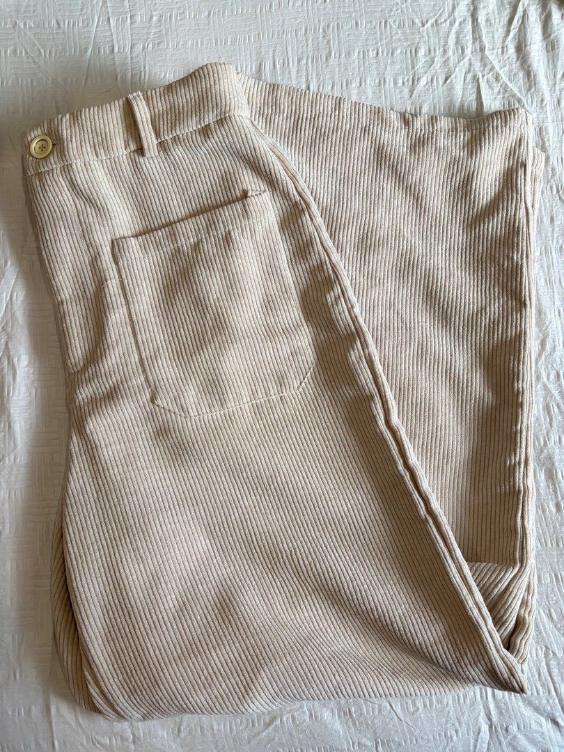 Beige Corduroy Wide Leg Pants (Category: Jeans) located in Manila. Submitted by frnrys (Listing ID 1409169423, Image 2). Description: Waist-hugging fit, very flattering. Button has been replaced. Only used twice. J&t or lalamove delivery c/o buyer..