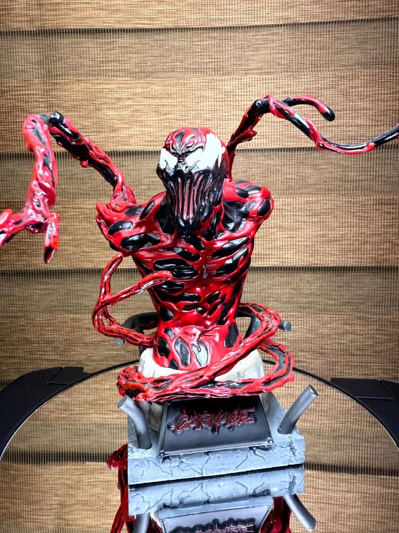 CLASSIC Carnage Bust Statue by Art Asylum Officially licensed by Marvel (Category: Figurines & Statues) located in Davao. Submitted by store.teamdenzhobbies (Listing ID 1409215110, Image 3). Description: Carnage Bust Statue by Art Asylum Officially Licensed by Marvel INFO: Authentic, Officially Licensed by Marvel Height: 6+inches Date Release: 2002 Condition: BIB, Complete (with Certificate of Authenticity), no issue Material: Resin Weight: aroun