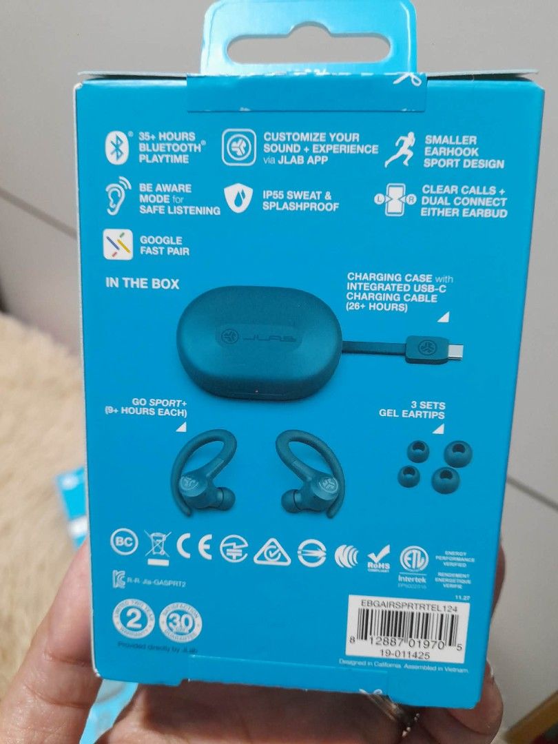 JLab Go Sport True Wireless Earbuds - Teal (Category: Earphones) located in Taguig. Submitted by giango1313 (Listing ID 1409192899, Image 2). Description: JLab Go Sport True Wireless Earbuds in teal. Features 35+ hours of playtime, Bluetooth connectivity, and an IP66 sweat and splashproof rating. Includes a charging case with integrated USB-C charging cable, and 3 sets of gel ear tips. Offers custom sound via the JLab app and Google Fast Pair..