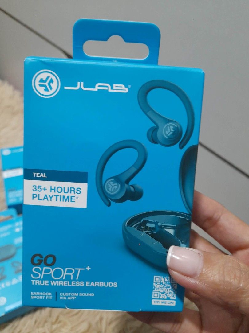 JLab Go Sport True Wireless Earbuds - Teal (Category: Earphones) located in Taguig. Submitted by giango1313 (Listing ID 1409192899, Image 1). Description: JLab Go Sport True Wireless Earbuds in teal. Features 35+ hours of playtime, Bluetooth connectivity, and an IP66 sweat and splashproof rating. Includes a charging case with integrated USB-C charging cable, and 3 sets of gel ear tips. Offers custom sound via the JLab app and Google Fast Pair..