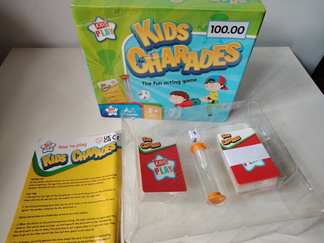 Kids Charades Fun Acting Game (Category: Board Games & Puzzles) located in General Trias. Submitted by Jingthings (Listing ID 1409242067, Image 1). Description: Kids Charades! Fun acting game for kids aged 5+. Includes cards, timer, and die..