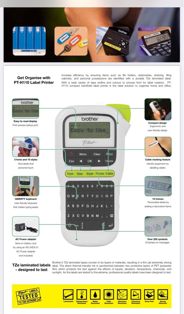 Label printer (Category: Other Accessories) located in Singapore. Submitted by eric4226 (Listing ID 1409140253, Image 2). Description: ** Best 2025 X’mas Gift 🎁 ** Print up to 12mm TZe laminated tapes width QWERTY Keyboard Manual cut function Compact and Portable Intuitive and easy-to-use 15 frames, 3 font styles, 253 symbols and 15 memories.