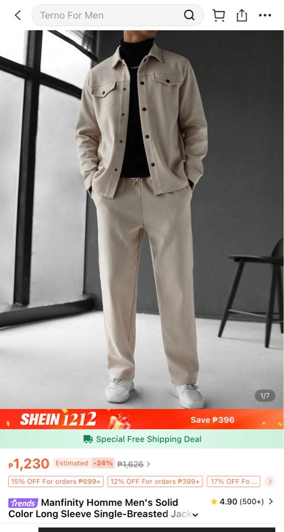 Manfinity Homme Men's Solid Color Terno (Category: Sets & Coordinates) located in Manila. Submitted by capulongava (Listing ID 1409162475, Image 2). Description: - Manfinity Homme terno set for men - Includes a long-sleeved jacket - Jacket features: - Two chest pockets - Button-down closure - Matching pants with drawstring waist - Solid color design this is super nice! perfect cool weather. worn in Japan..