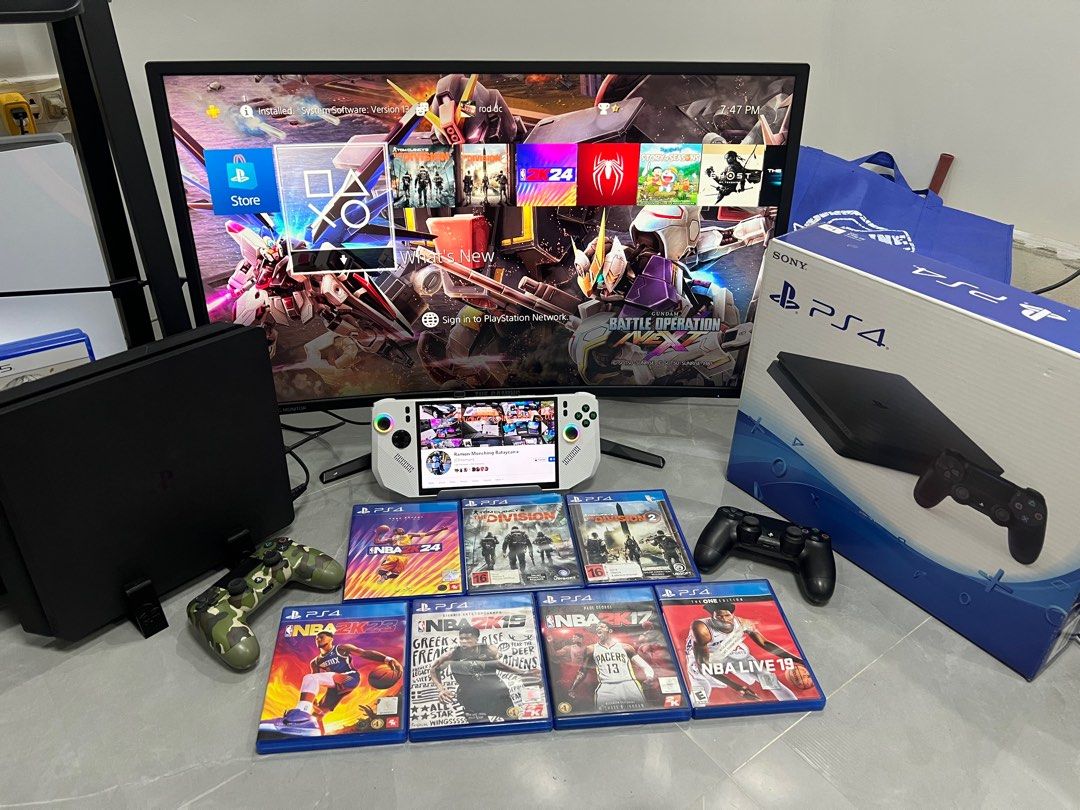 Playstation 4 Slim 1TB Complete 7 Cd Games 2 Ds4 Controllers (Category: PlayStation) located in Valenzuela. Submitted by chrismon25 (Listing ID 1409158585, Image 2). Description: Ps4 slim 1TB Complete 2 Controllers (Latest Firmware 13.02) Package: -Original Box & Manuals -1pc Original DS4 v2 -1pc OEM Ds4 v2 -Hdmi cable -Power cable -Usb cable (controller charger) FREE: -3D Printed Stand 7 Physical Cd Games: 1. NBA 2k24 2. The Division 3. The Divi