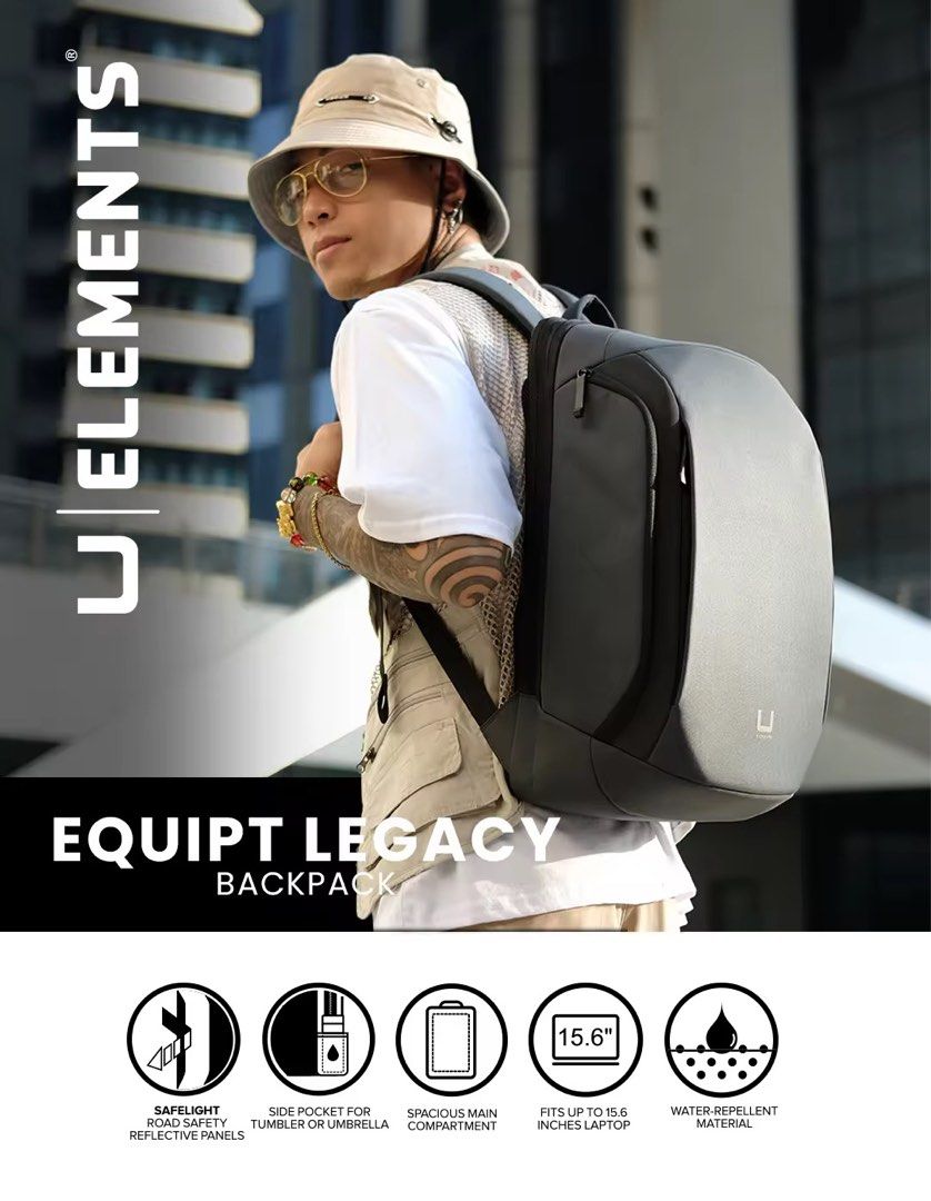U Elements Equipt Legacy Backpack (Category: Backpacks) located in Caloocan City. Submitted by justprettythings07 (Listing ID 1409146065, Image 2). Description: - Fits up to 15.6" laptop - Water-repellent material - Side pocket for tumbler/umbrella - Safelight reflective panels - Multi-functional compartments.