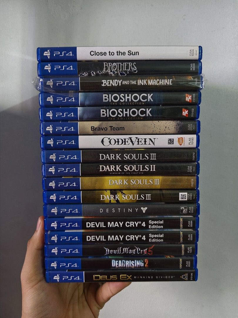 USED PS4 GAMES / BIOSHOCK / DARKSOULS / CODEVEIN / DEVIL MAY CRY (Category: PlayStation) located in Manila. Submitted by mikkolosg20176 (Listing ID 1409078997, Image 1). Description: TRADE OR SALE GAME PRICE: 500 - 1k 📍 SHIPPING OR PICKUP 📍 BAGUMBAYAN TAGUIG 📍PIN LOCATION: MCG PURPLE GAMING TAGUIG.