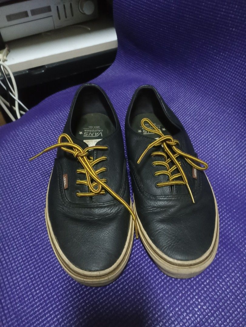 Vans California Authentic Leather Shoes (Category: Sneakers) located in Manila. Submitted by freespace01 (Listing ID 1409248964, Image 1). Description: - Black leather Vans California Authentic - Yellow laces - Cream-colored sole - Vans logo visible well used grab, lalamove, j&t .