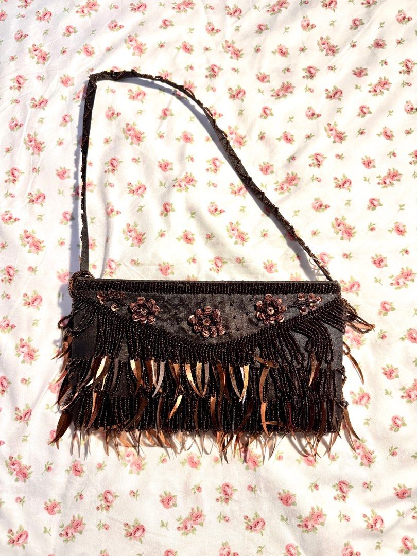Vintage Beaded Fringe Evening Bag (Category: Shoulder Bags) located in Davao. Submitted by esotericprincess (Listing ID 1409138052, Image 1). Description: Selling my vintage beaded evening bag with full sequin + bead detailing and dramatic fringe. Super unique, handmade feel, and perfect for parties, formal events, concerts, or Y2K-inspired outfits. DETAILS: • Color: Brown with gold and bronze accents • Floral sequin appliqué on the flap • Full b