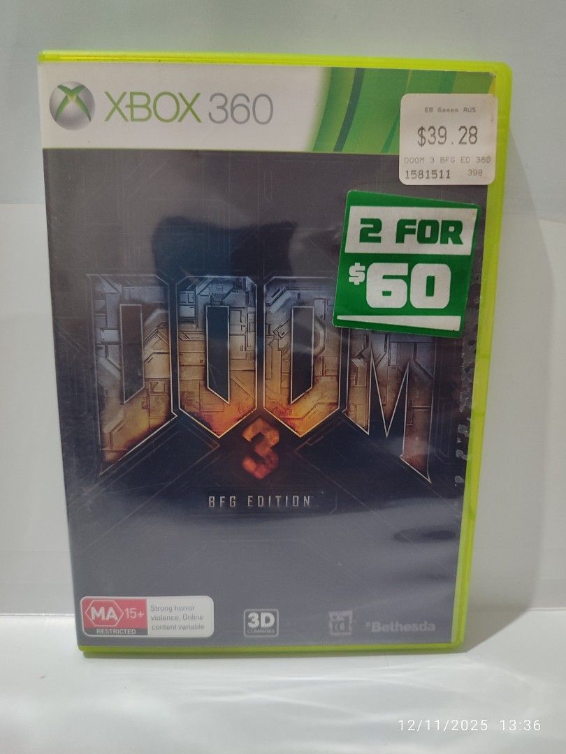 XBOX 360 - DOOM 3 BFG Edition (PRE-OWNED) "OPEN REGION" (Category: Xbox) located in Mendez-Nunez. Submitted by sf2_gameshop (Listing ID 1409120561, Image 1). Description: PLEASE READ: Plays on any Xbox 360 unit, regardless of region. Works on: PAL - √ (YES) NTSC/J - √ (YES) NTSC - √ (YES) CONDITION: A pre-owned item, with few scratches on the disc. Tested working. It comes with an instruction booklet. GENRE: First-person shooter MODE: Single-play