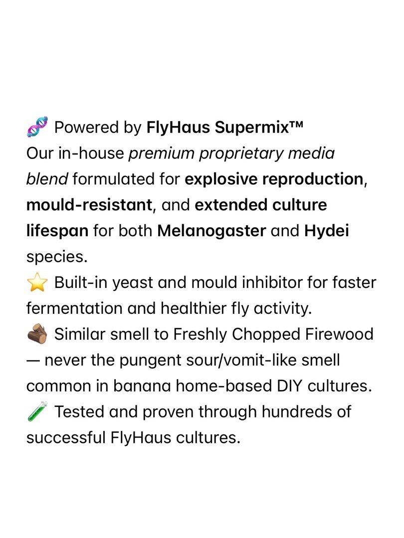 🪰 Hydei Fruit Fly Culture (Large Flightless Fruit Flies) (Category: Pet Food) located in Singapore. Submitted by flyhaus (Listing ID 1400182809, Image 3). Description: Looking for reliable, nutritious feeders for your spiders, mantises, frogs, lizards or fishes? FlyHaus Drosophila Hydei are large, flightless fruit flies — easy to handle, escape-proof, and packed with nutrition for your pets! ⸻ 🧬 Powered by FlyHaus Supermix™ Our in-house premium
