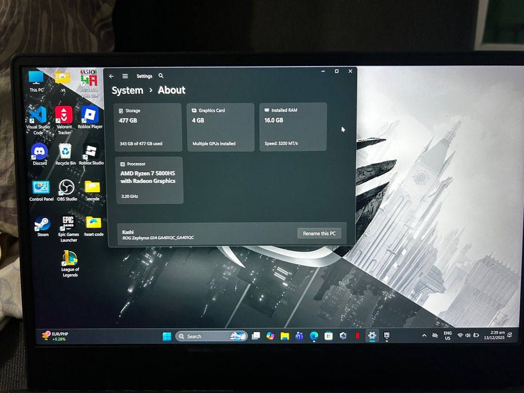 ASUS ROG Zephyrus G14 Gaming Laptop (Category: Laptops & Notebooks) located in Bacoor. Submitted by ash.vermis15 (Listing ID 1409425845, Image 2). Description: Asus ROG Zephyrus G14 2021 (G401QC) no issues, with box and laptop sleeve with free redragon keyboard and mouse.