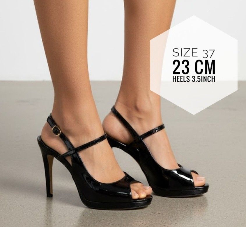 Black Patent Leather Heels Size 37 (Category: Heels) located in Pasay City. Submitted by trioglam (Listing ID 1409398885, Image 1). Description: - Black patent leather peep-toe heels - Size 37 - 23 cm insole - 3.5-inch stiletto heel - Features a slender ankle strap - Ideal for special occasions and adding elegance - NO BOX.POUCH ONLY.